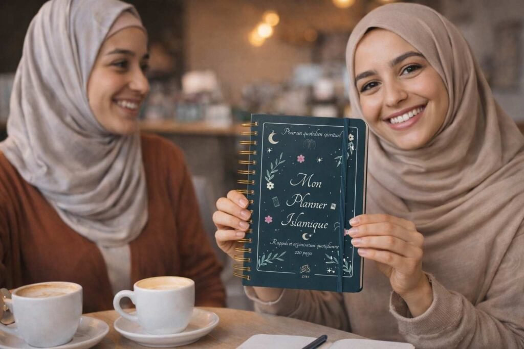 Deux femmes souriantes en hijab attablées dans un café, l'une présentant le planner islamique Zikr à couverture vert foncé et reliure spirale dorée