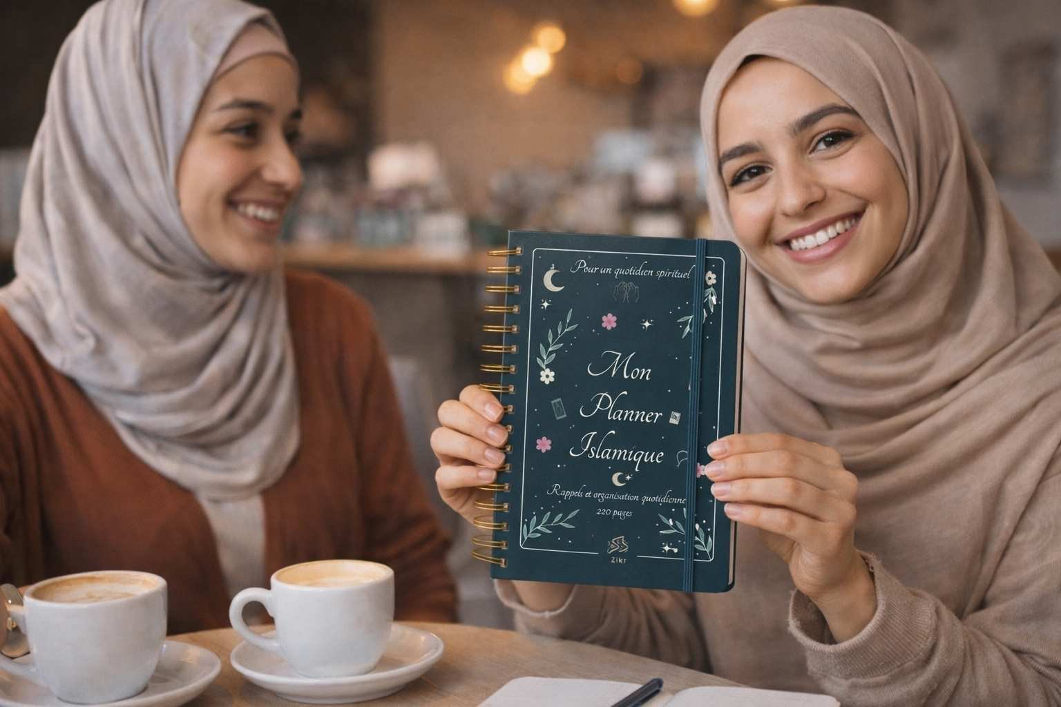 Deux femmes souriantes en hijab attablées dans un café, l'une présentant le planner islamique Zikr à couverture vert foncé et reliure spirale dorée
